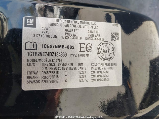 Aukcja sprzedaży 2013 Gmc Sierra 1500, vin: 1GTR2VE74DZ134869, numer aukcji: 12711341