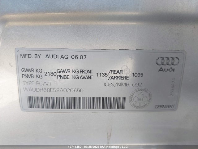 Продажа на аукционе авто 2008 Audi A4 3.2 Quattro, vin: WAUDH68E58A020650, номер лота: 12711350