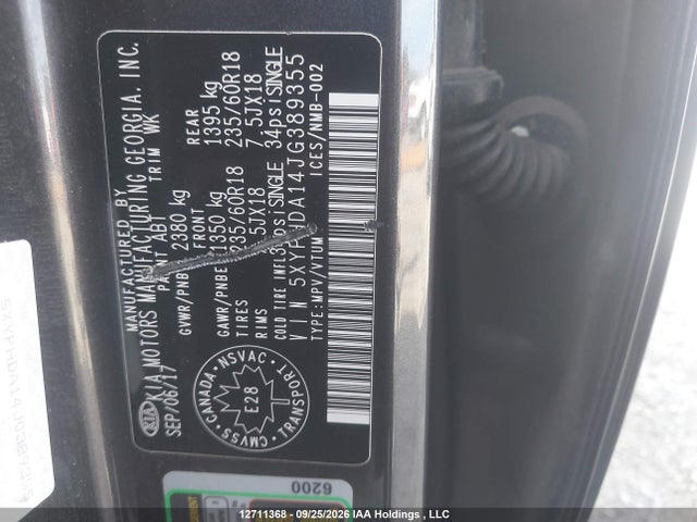 2018 Kia Sorento 2.0l Ex მანქანა იყიდება აუქციონზე, vin: 5XYPHDA14JG389355, აუქციონის ნომერი: 12711368