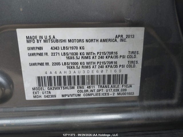Aukcja sprzedaży 2013 Mitsubishi Rvr, vin: 4A4AH3AU3DE607169, numer aukcji: 12711373
