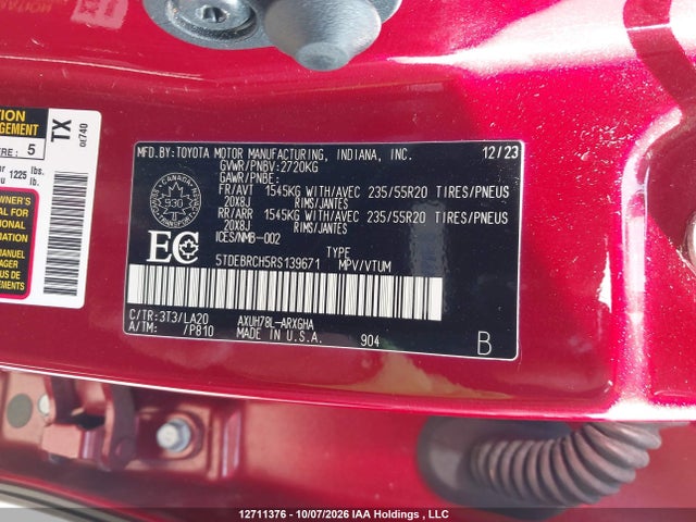 12711376 :رقم المزاد ، 5TDEBRCH5RS139671 vin ، 2024 Toyota Highlander مزاد بيع