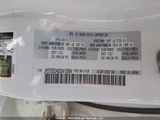 12700373 :رقم المزاد ، JM3TB3DA6D0416854 vin ، 2013 Mazda Cx-9 Gt مزاد بيع