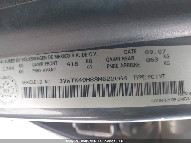 12603624 :رقم المزاد ، 3VWTK49M88M622064 vin ، 2008 Volkswagen City Jetta 2.0l مزاد بيع