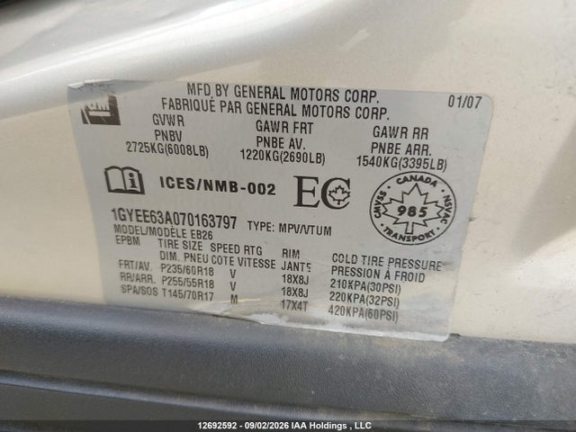 Aukcja sprzedaży 2007 Cadillac Srx, vin: 1GYEE63A070163797, numer aukcji: 12692592