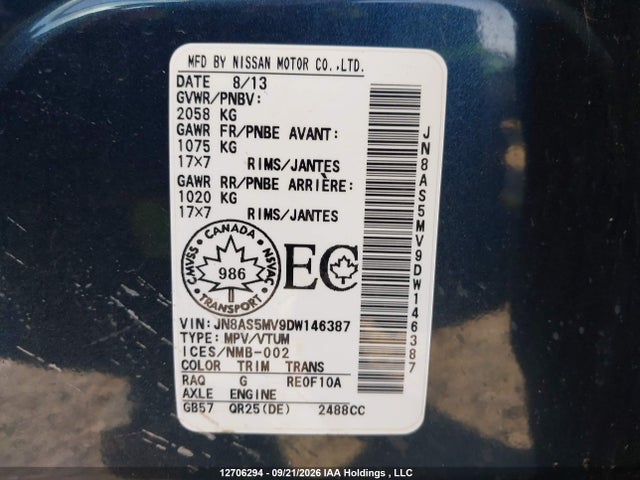 12706294 :رقم المزاد ، JN8AS5MV9DW146387 vin ، 2013 Nissan Rogue S/sl/sv مزاد بيع