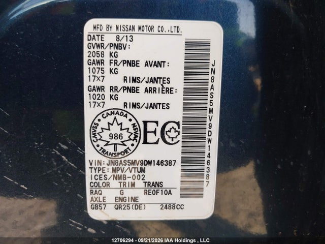 12706294 :رقم المزاد ، JN8AS5MV9DW146387 vin ، 2013 Nissan Rogue S/sl/sv مزاد بيع