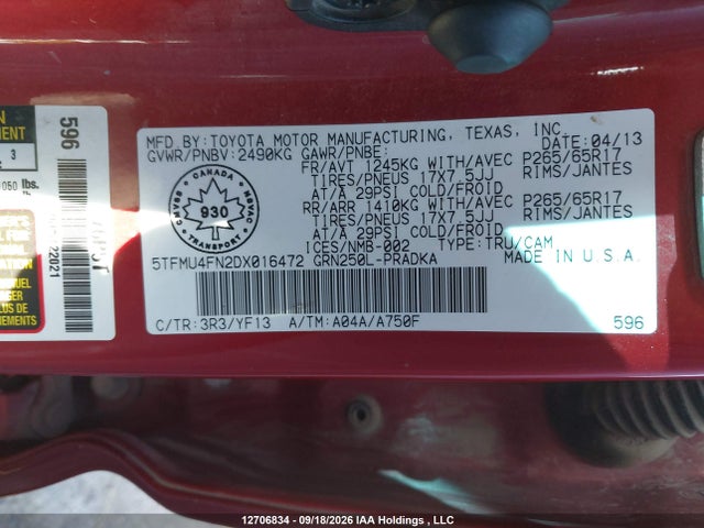 Aukcja sprzedaży 2013 Toyota Tacoma V6, vin: 5TFMU4FN2DX016472, numer aukcji: 12706834