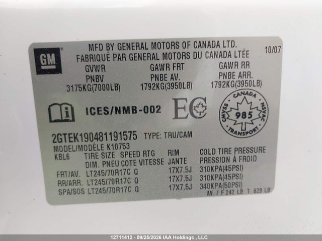 Продаж на аукціоні авто 2008 Gmc Sierra K1500, vin: 2GTEK190481191575, номер лоту: 12711412