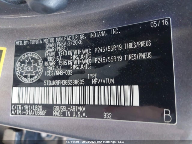 Toyota Highlander 2016 5TDJKRFH3GS288605 Image 9