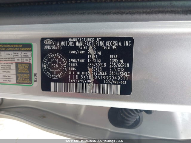 Продажа на аукционе авто 2016 Kia Sorento, vin: 5XYPHDA18GG049313, номер лота: 12711420