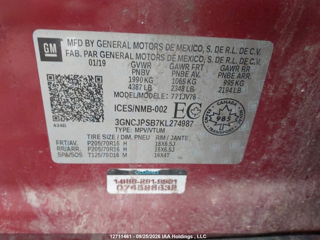 Chevrolet TRAX 1LT 2019 3GNCJPSB7KL274987 Image 9