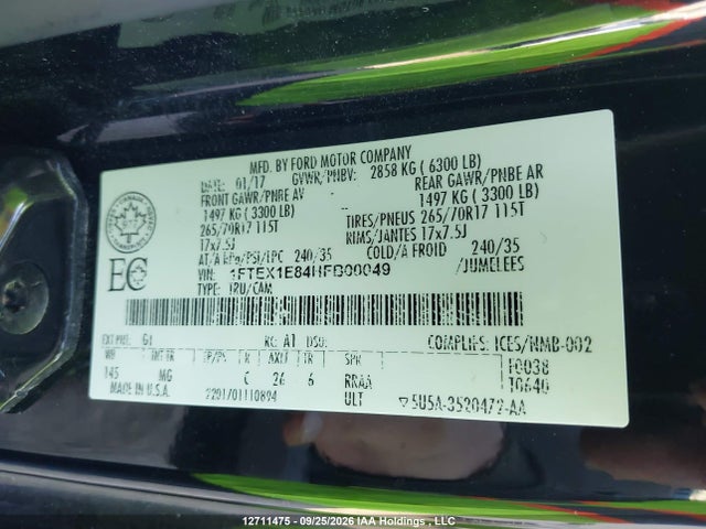 2017 Ford F150 Super Cab მანქანა იყიდება აუქციონზე, vin: 1FTEX1E84HFB00049, აუქციონის ნომერი: 12711475