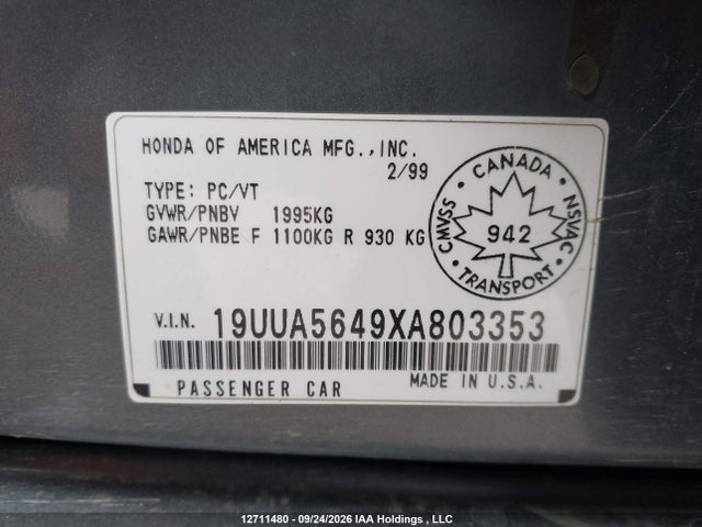 12711480 :رقم المزاد ، 19UUA5649XA803353 vin ، 1999 Acura Tl 3.2l مزاد بيع