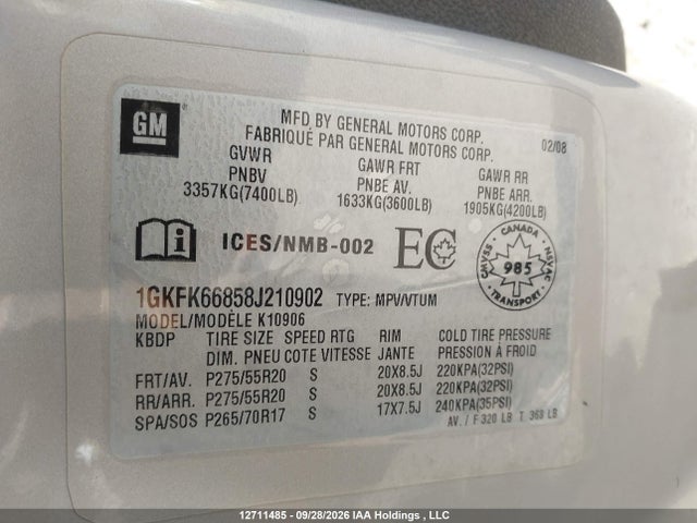 12711485 :رقم المزاد ، 1GKFK66858J210902 vin ، 2008 Gmc Yukon Xl Denali Denali مزاد بيع