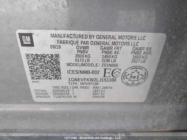 Aukcja sprzedaży 2020 Chevrolet Traverse Ls, vin: 1GNEVFKW2LJ151388, numer aukcji: 12711488