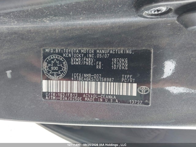 Продаж на аукціоні авто 2007 Toyota Camry Ce/le/xle/se, vin: 4T1BE46K57U158987, номер лоту: 12711490