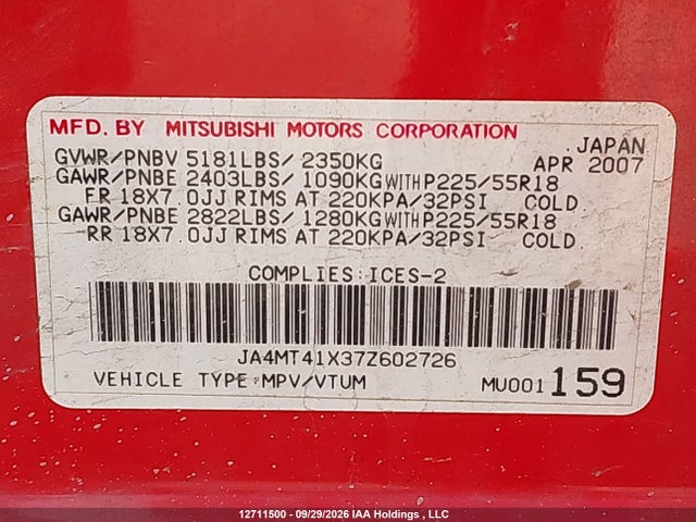 2007 Mitsubishi Outlander Xls მანქანა იყიდება აუქციონზე, vin: JA4MT41X37Z602726, აუქციონის ნომერი: 12711500