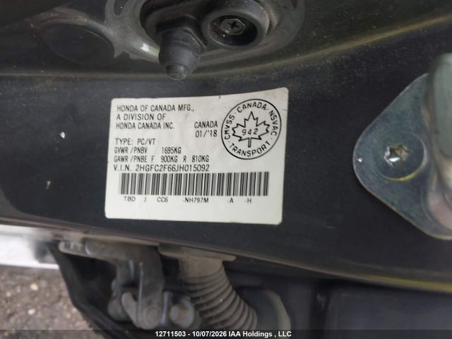 Aukcja sprzedaży 2018 Honda Civic Lx, vin: 2HGFC2F66JH015092, numer aukcji: 12711503