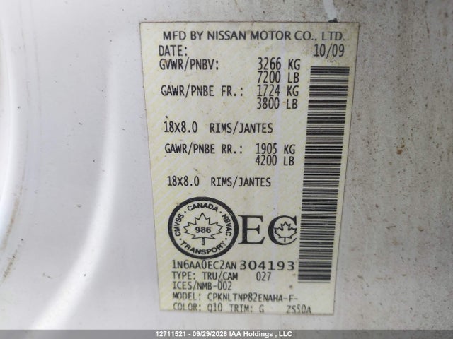 2010 Nissan Titan Xe მანქანა იყიდება აუქციონზე, vin: 1N6AA0EC2AN304193, აუქციონის ნომერი: 12711521