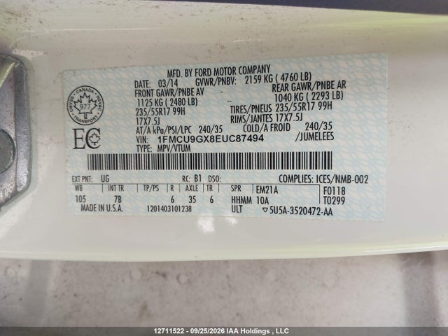 Aukcja sprzedaży 2014 Ford Escape Se, vin: 1FMCU9GX8EUC87494, numer aukcji: 12711522