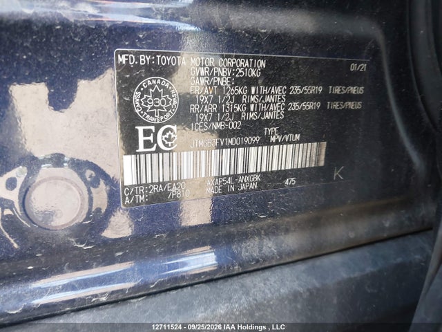 12711524 :رقم المزاد ، JTMGB3FV1MD019099 vin ، 2021 Toyota Rav4 Prime Xse مزاد بيع