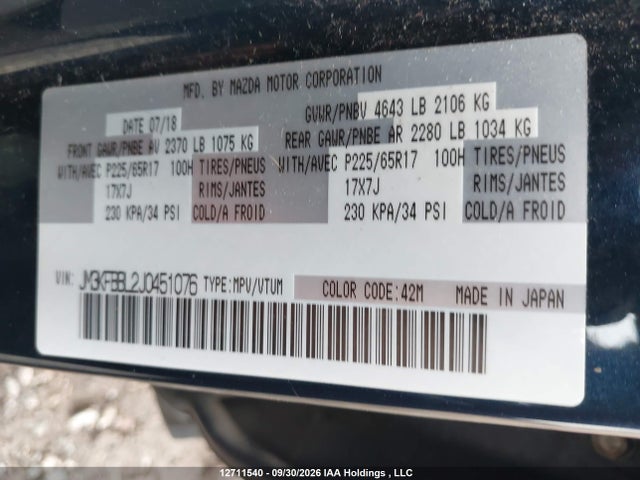 Aukcja sprzedaży 2018 Mazda Cx-5 Gx, vin: JM3KFBBL2J0451076, numer aukcji: 12711540