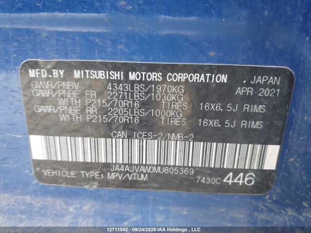 12711542 :رقم المزاد ، JA4AJVAW0MU605369 vin ، 2021 Mitsubishi Rvr Gt/le/se/sel مزاد بيع