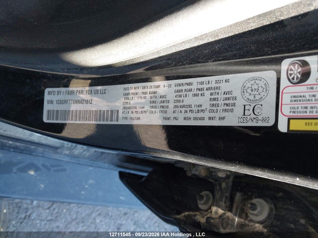 2022 Ram 1500 Sport მანქანა იყიდება აუქციონზე, vin: 1C6SRFTT6NN421813, აუქციონის ნომერი: 12711545