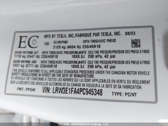 Aukcja sprzedaży 2023 Tesla Model 3 Rwd, vin: LRW3E1FA4PC945348, numer aukcji: 12711549