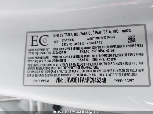 Aukcja sprzedaży 2023 Tesla Model 3 Rwd, vin: LRW3E1FA4PC945348, numer aukcji: 12711549