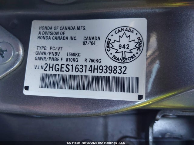 Продажа на аукционе авто 2004 Honda Civic Se, vin: 2HGES16314H939832, номер лота: 12711550