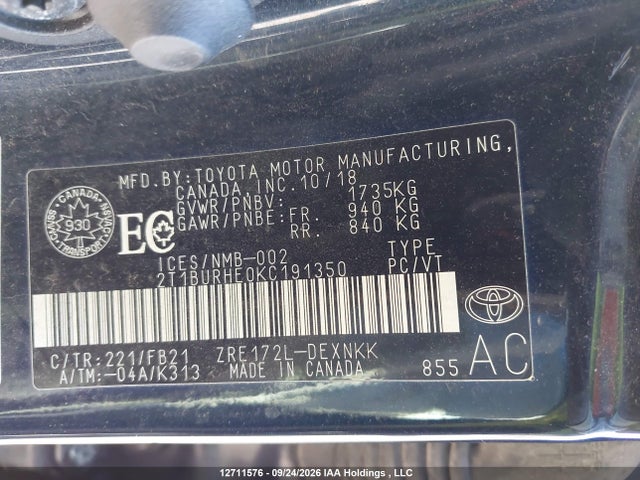 12711576 :رقم المزاد ، 2T1BURHE0KC191350 vin ، 2019 Toyota Corolla Le مزاد بيع