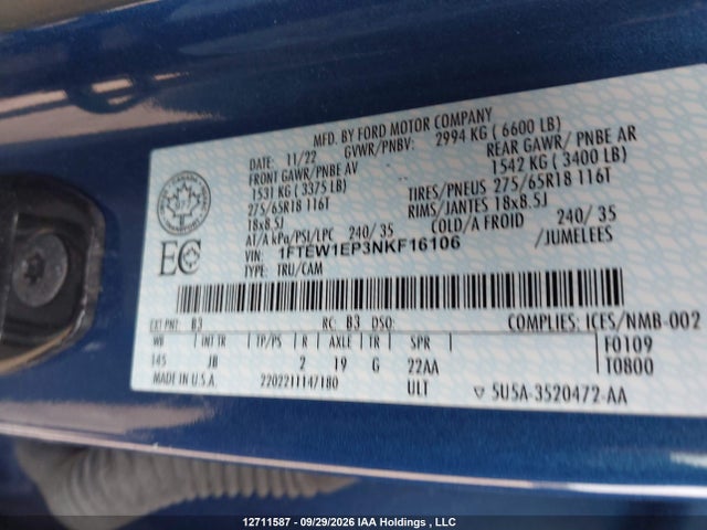 Продаж на аукціоні авто 2022 Ford F-150 Xl, vin: 1FTEW1EP3NKF16106, номер лоту: 12711587