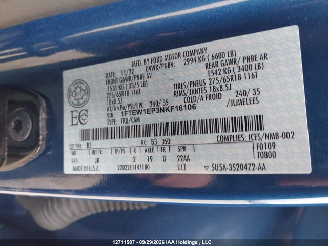 Продаж на аукціоні авто 2022 Ford F-150 Xl, vin: 1FTEW1EP3NKF16106, номер лоту: 12711587