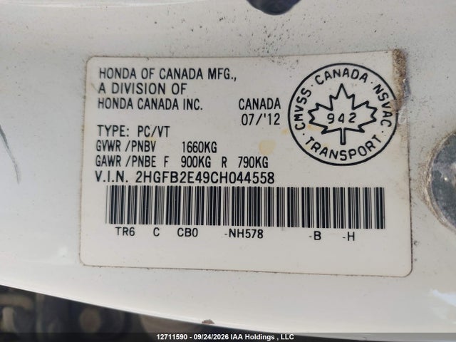 12711590 :رقم المزاد ، 2HGFB2E49CH044558 vin ، 2012 Honda Civic Lx مزاد بيع