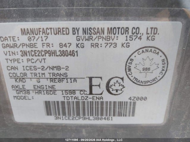 Продаж на аукціоні авто 2017 Nissan Versa Note 1.6 S/1.6 Sl/1.6 Sr/1.6 Sv, vin: 3N1CE2CP9HL380461, номер лоту: 12711595