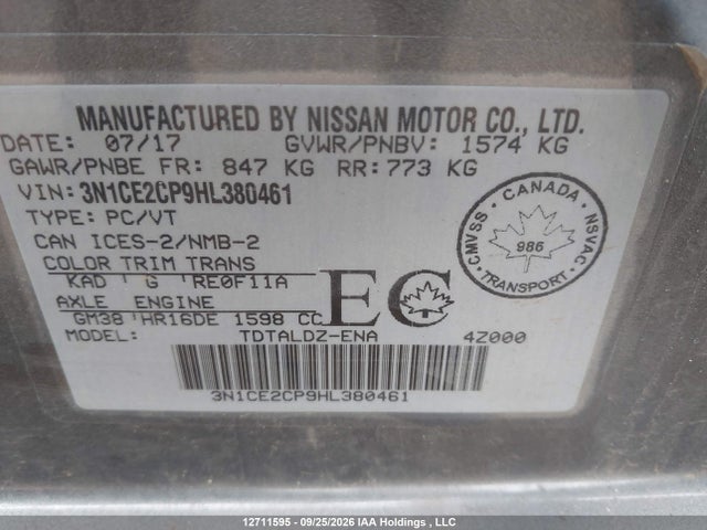 Продаж на аукціоні авто 2017 Nissan Versa Note 1.6 S/1.6 Sl/1.6 Sr/1.6 Sv, vin: 3N1CE2CP9HL380461, номер лоту: 12711595