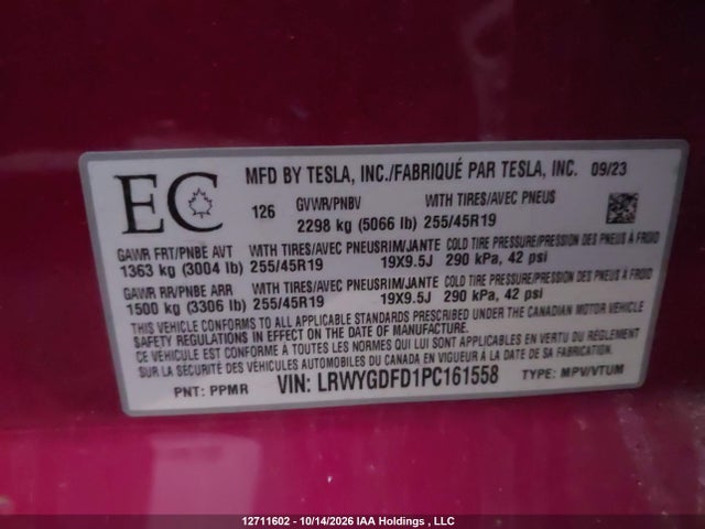 Продажа на аукционе авто 2023 Tesla Model Y, vin: LRWYGDFD1PC161558, номер лота: 12711602