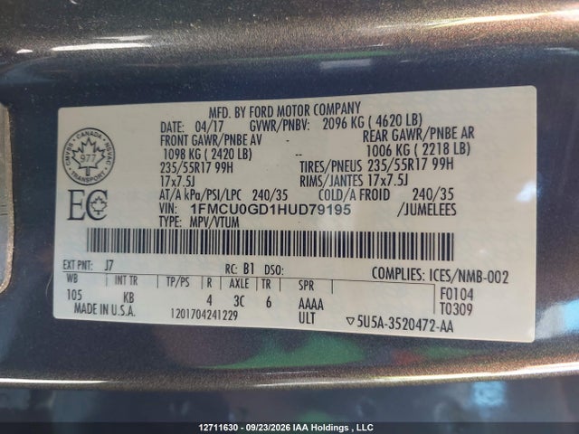12711630 :رقم المزاد ، 1FMCU0GD1HUD79195 vin ، 2017 Ford Escape مزاد بيع