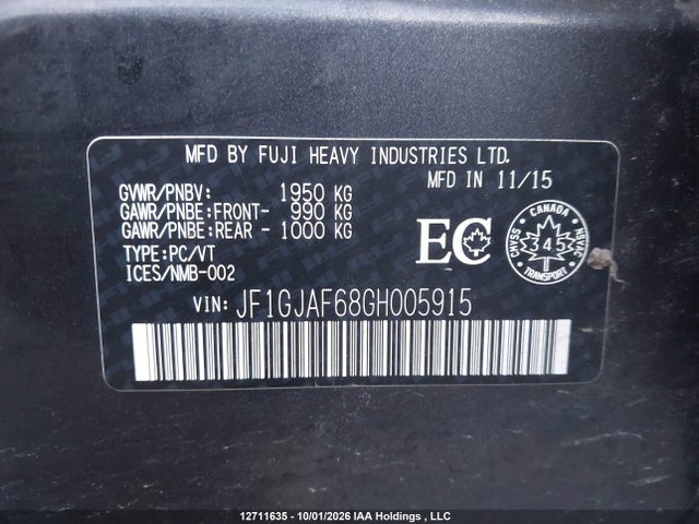 12711635 :رقم المزاد ، JF1GJAF68GH005915 vin ، 2016 Subaru Impreza Premium Plus مزاد بيع