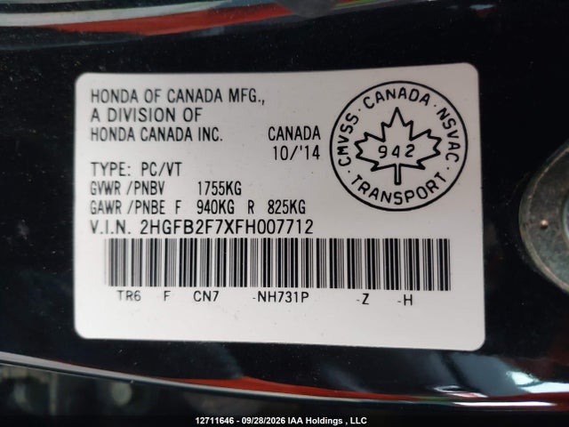 Honda Civic Touring 2015 2HGFB2F7XFH007712 Image 9