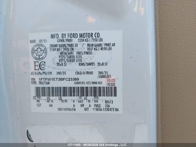 Продаж на аукціоні авто 2011 Ford F-150 Lariat, vin: 1FTFW1ET3BFC23389, номер лоту: 12711650