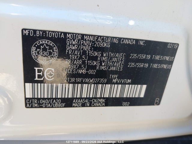 Aukcja sprzedaży 2019 Toyota Rav4 Xle/xle Premium, vin: 2T3R1RFVXKW027359, numer aukcji: 12711669