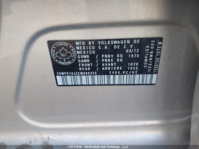 Продажа на аукционе авто 2012 Volkswagen Jetta S/se, vin: 3VWPX7AJ2CM686325, номер лота: 12711670