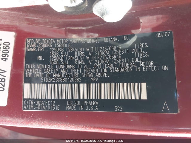 Aukcja sprzedaży 2008 Toyota Sienna Ce/le, vin: 5TDZK23C88S120382, numer aukcji: 12711674