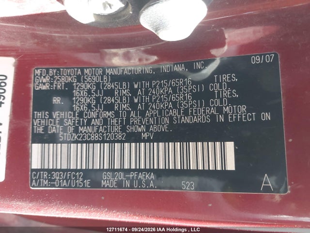 Aukcja sprzedaży 2008 Toyota Sienna Ce/le, vin: 5TDZK23C88S120382, numer aukcji: 12711674