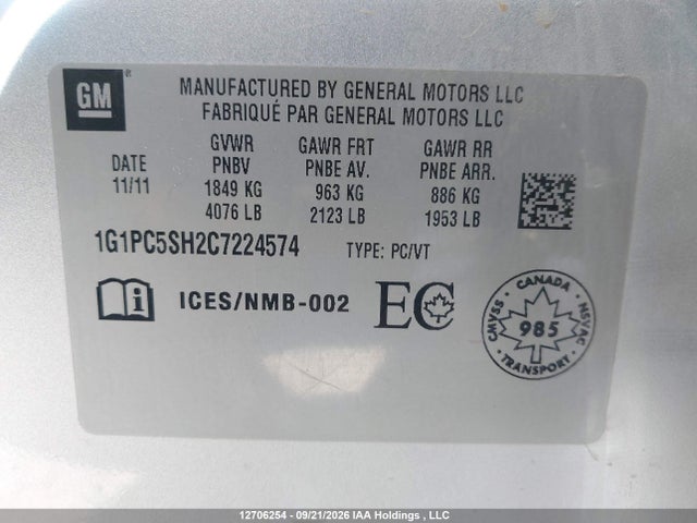 Продажа на аукционе авто 2012 Chevrolet Cruze Ls, vin: 1G1PC5SH2C7224574, номер лота: 12706254