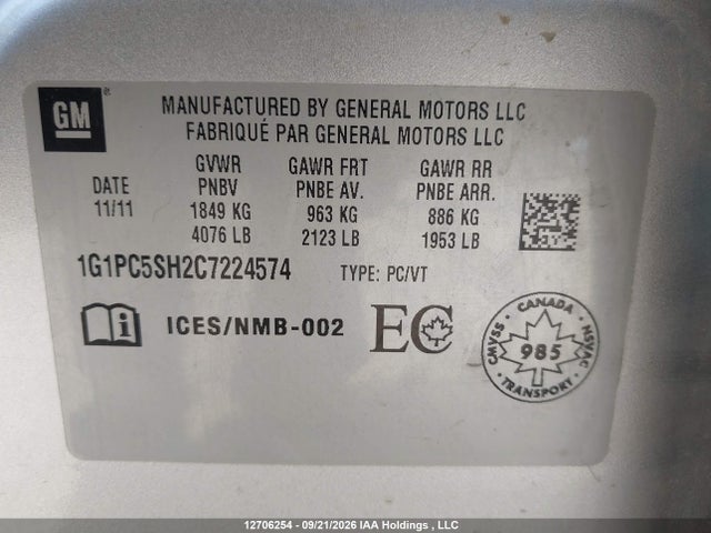 Продажа на аукционе авто 2012 Chevrolet Cruze Ls, vin: 1G1PC5SH2C7224574, номер лота: 12706254