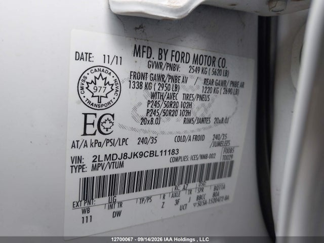 Продаж на аукціоні авто 2012 Lincoln Mkx, vin: 2LMDJ8JK9CBL11183, номер лоту: 12700067