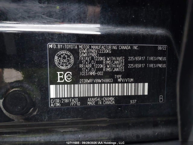 Продаж на аукціоні авто 2022 Toyota Rav4 Hybrid Xle, vin: 2T3RWRFV8NW148803, номер лоту: 12711685